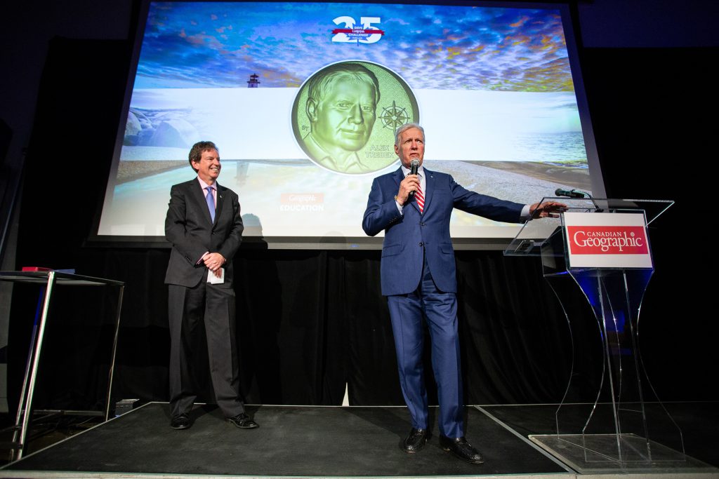 Alex Trebek and John Geiger at the 25th anniversary of the Canadian Geographic Challenge