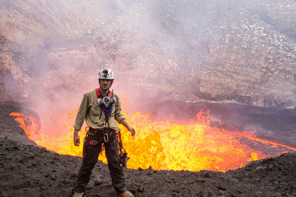 George Kourounis inside the Marum crater of Ambrym volcano, Vanuatu