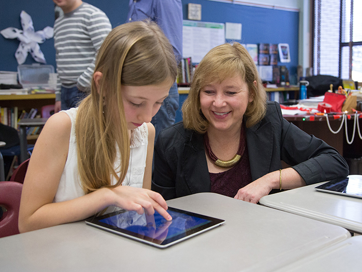 Students from Margaret Leland's Grade 5 class at Connect Charter School in Calgary, Alta. had the opportunity to test out WorldView with Lynn Moorman (right) last month