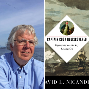 A photo of the author side by side with the cover of his book