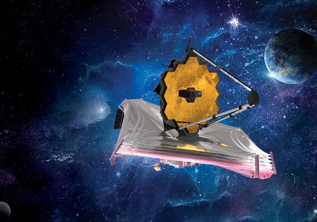 A conceptualization of the James Webb space telescope floats in a blue and purple starry cosmos, its hexagonal mirrors glittering gold against an opalescent sunshield