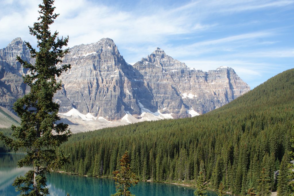 A scene of mountains, forest and glacial lake