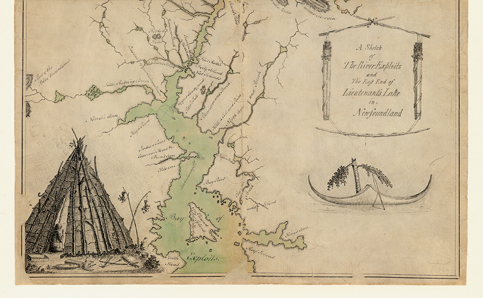 1768 map showing River Exploits flowing into Lieutenant's Lake, showing Beothuk mamateeks, deer fences and scarecrows.