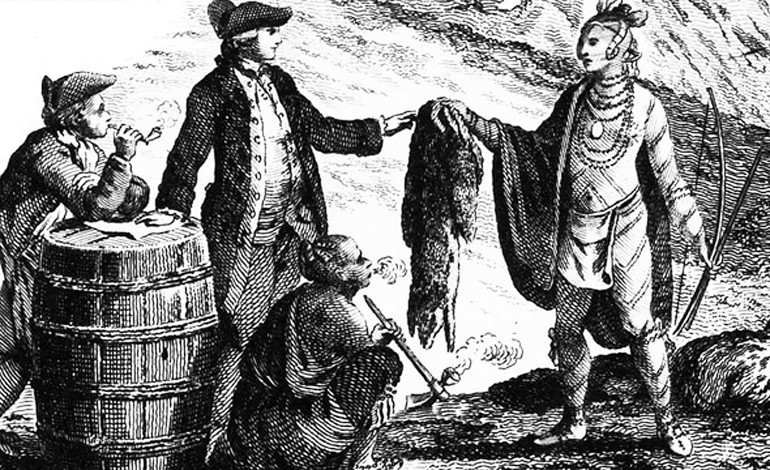 Fur traders in Canada, trading with Indians (1777)