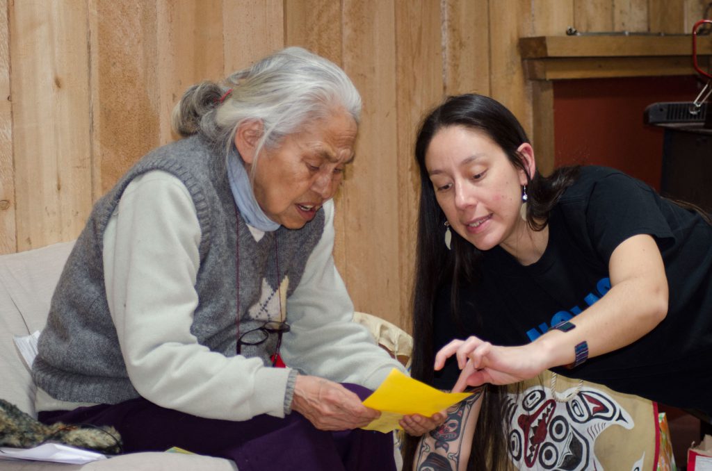 Gidin Jaad Erica Jean Ryan, right, runs through lines with an actor in Sgaawaay K’uuna, The Edge of the Knife, a Haida-language film that premieres next week at the Toronto International Film Festival.