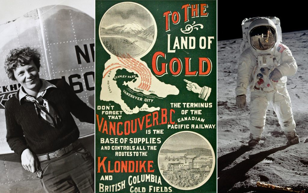 Amelia Earhart; a Klondike Gold Rush poster; the Moon landing