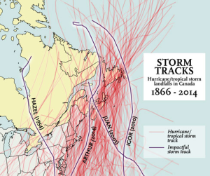Tracks of every hurricane or tropical system that has made landfall in Canada since 1866. Storms of significance are outlined in black