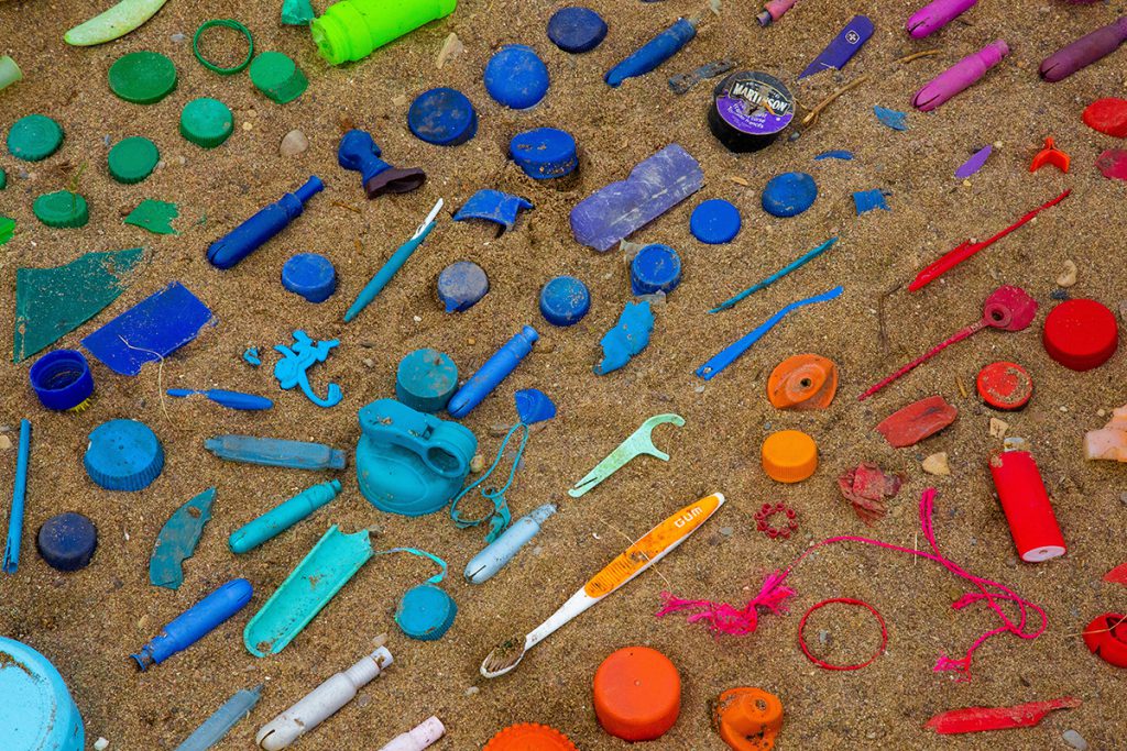 Array of single-use plastics arranged by colour