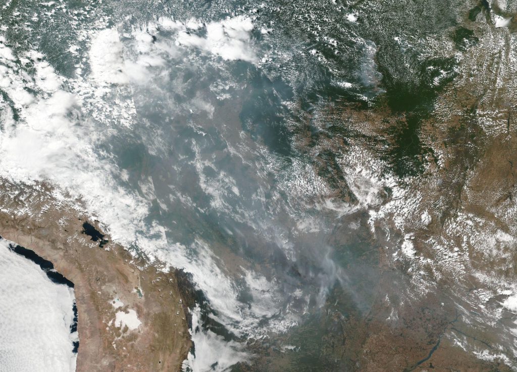 Satellite image showing smoke from Amazon fires blowing over Brazil on August 20, 2019