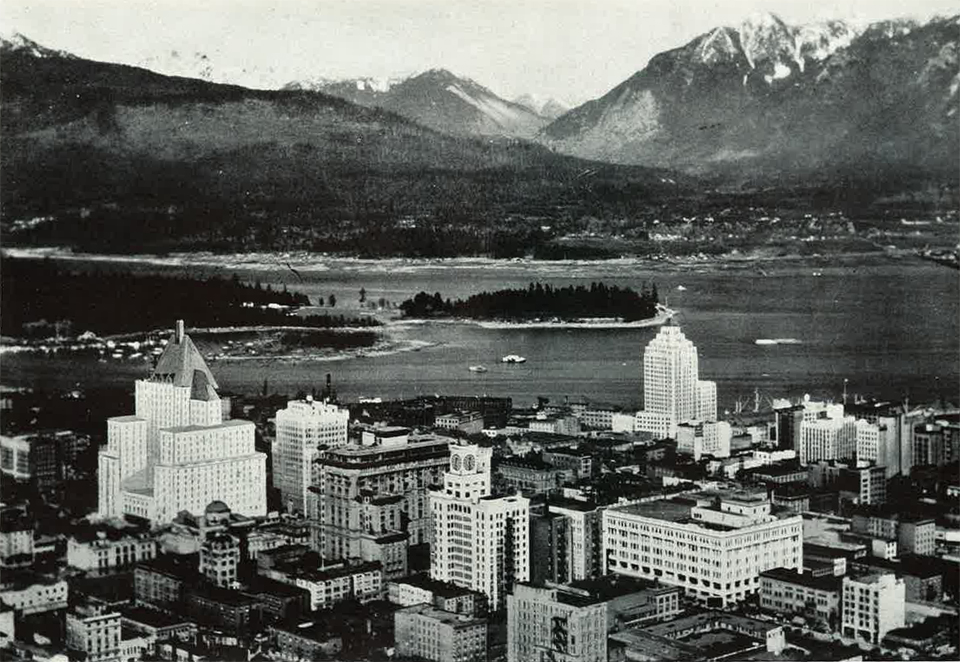 Downtown Vancouver looking toward the North Shore Mountains circa 1936.