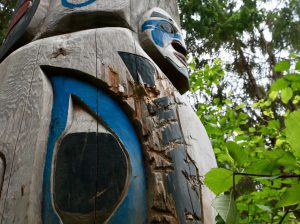 A closeup of the Snuxyaltwa pole at the ancient village of Talyu, in B.C.'s Bella Coola Valley