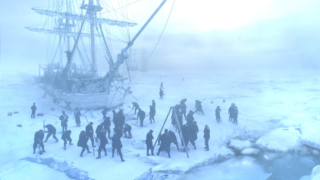 The crew of the The Terror at work on the ice in the series' first episode