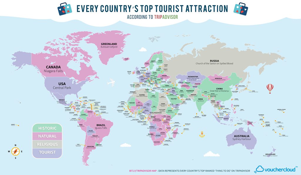 Vouchercloud's map of the top tourist attraction in every country. Explore a larger version of the map here.
