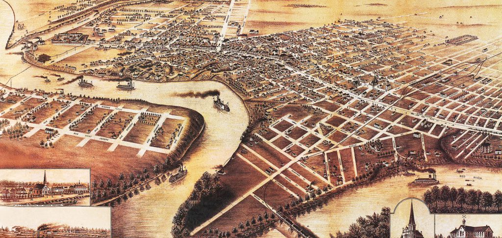 An illustrated panoramic map of Winnipeg circa 1881