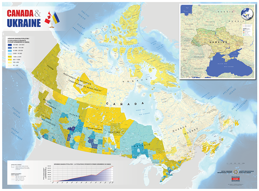 Choropleth map of Canada showing distribution of the Ukrainian-Canadian population across census divisions